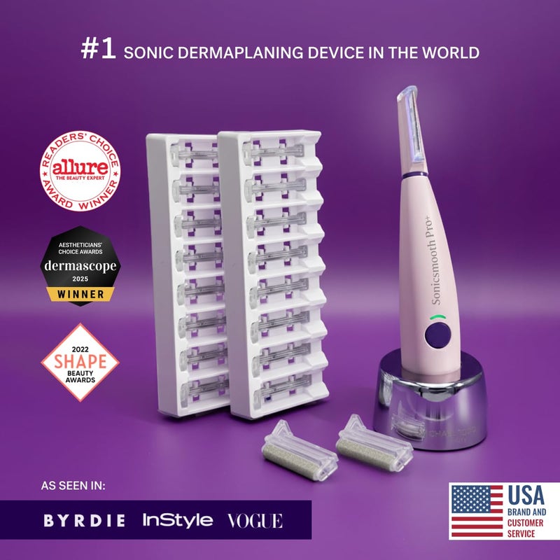 Michael Todd Beauty Sonicsmooth Pro+ Dermaplane Razor for Women Face + Eyebrow trimmer Dermaplaning System w/LED Light Peach Fuzz Remover -16 Dermaplaning Blades & 2 Microsmooth Exfoliation Tips - Image 2